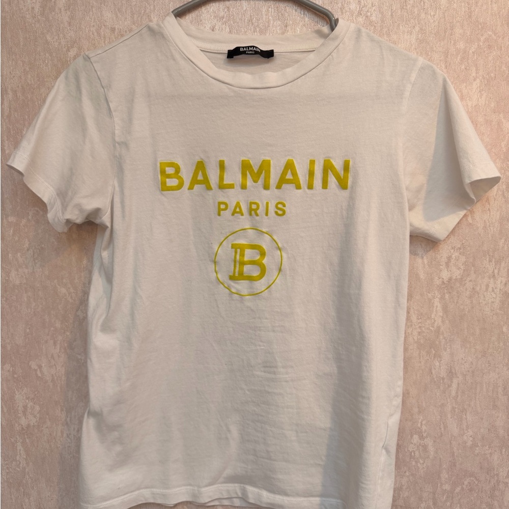 Balmain White Tee with Vibrant Yellow Accents